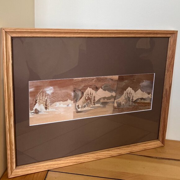 Mountain Forest Wooden Marquetry Framed Picture Inlay Wood Panel Caelin Artworks - Picture 1 of 6